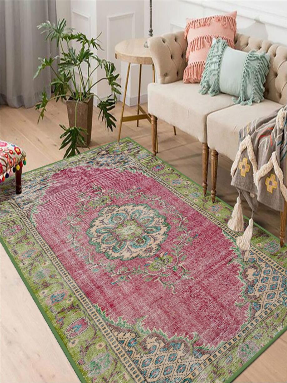 Zentla Vintage Desen Kaymaz Taban Yıkanabilir Salon - Oturma Odası Halısı , Yolluk