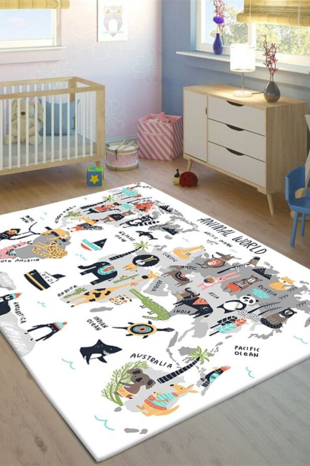  Hayvan Haritası Kaymaz Tabanlı Makinede Yıkanabilir Eğitici ve Öğretici Çocuk Halısı