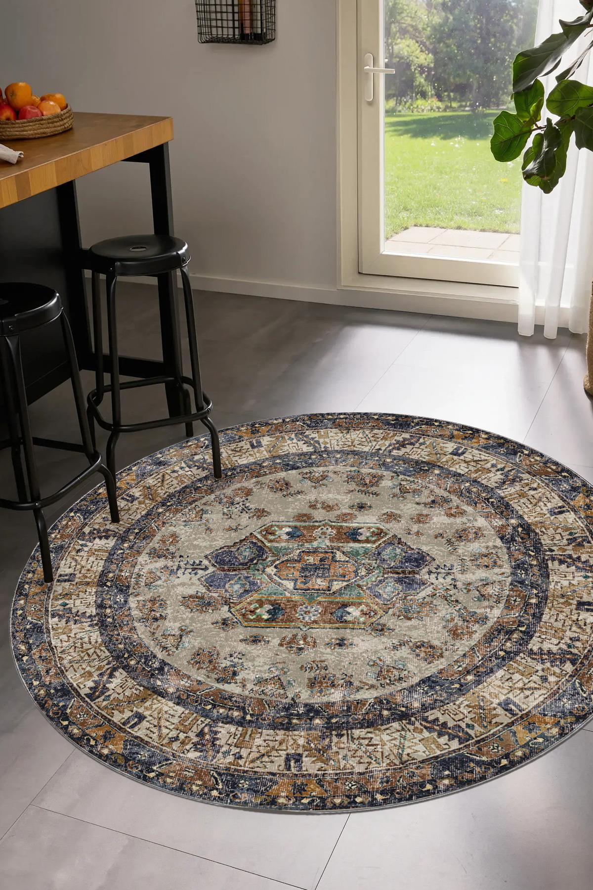 Arbon Vintage Eskitme Desen Dokuma Taban Yıkanabilir Yuvarlak Halı Salon Oturma Odası Hol Antre Halısı