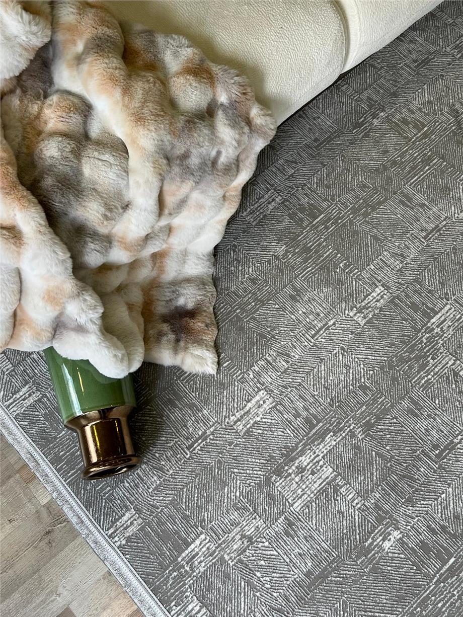 Gri Saten Bambu Modern Salon Halısı Kesme Yolluk Halı Yumuşak Doku Kaymaz Tozumaz Dokuma Makine Halısı SEFİR 203
