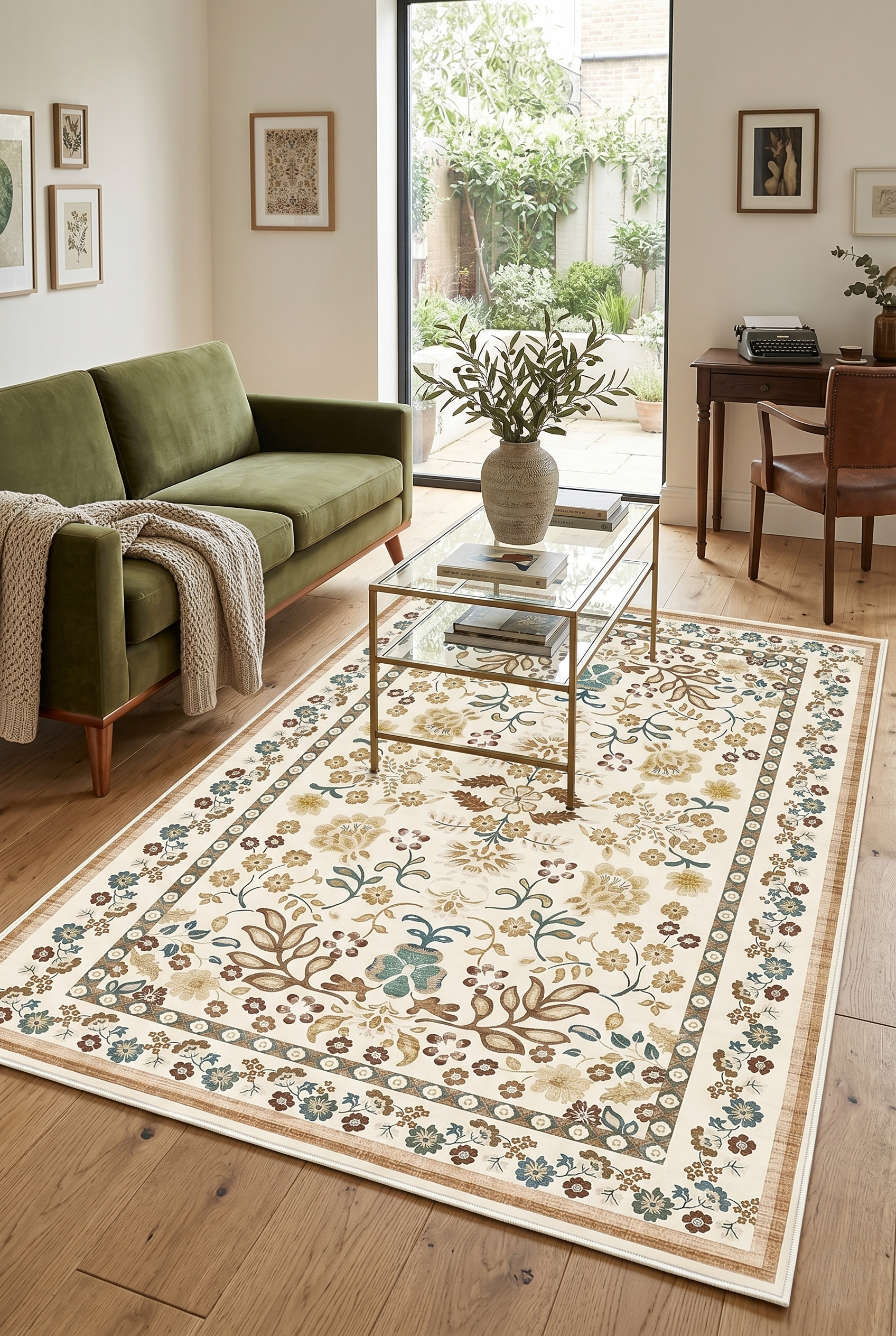 Floral Desen Baskılı Kaymaz Taban Yıkanabilir Salon Oturma Odası Antre Halısı Yolluk