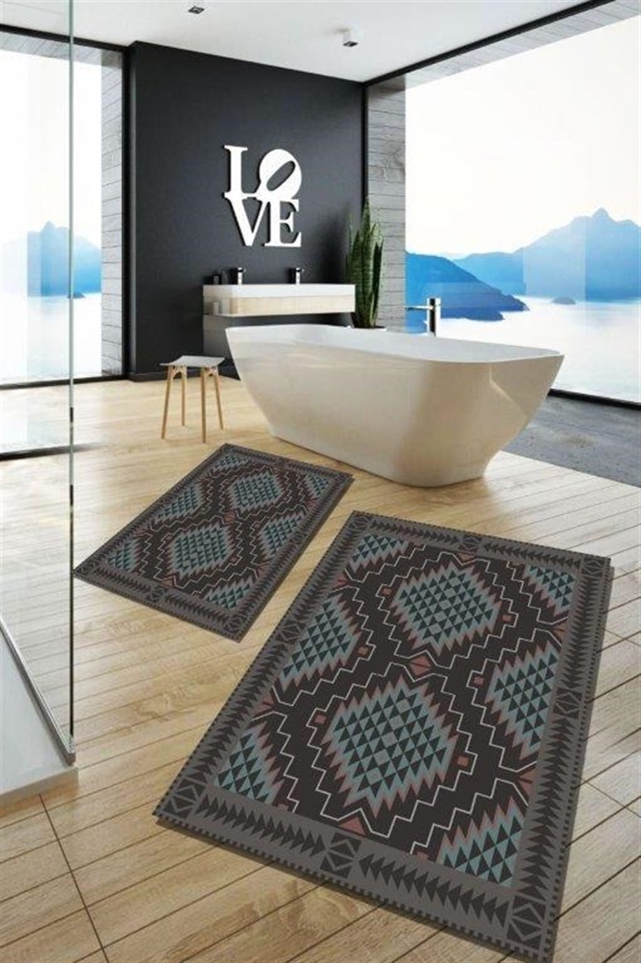 Modern Desenli Yıkanabilir 2li Banyo Halısı Paspas