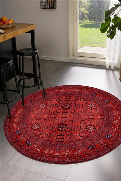 Bordo Afgan Desen Yuvarlak Dokuma Taban Salon Oturma Odası Antre Halısı