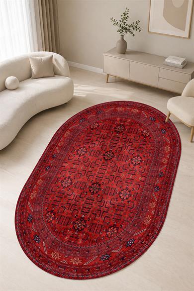 Bordo Afgan Desen Oval Dokuma Taban Salon Oturma Odası Mutfak Antre Halısı