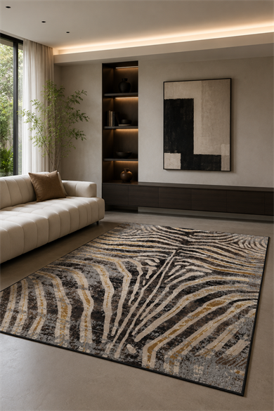 Zebra Desenli Baskılı Kaymaz Taban Yıkanabilir Salon Oturma Odası Halısı Yolluk