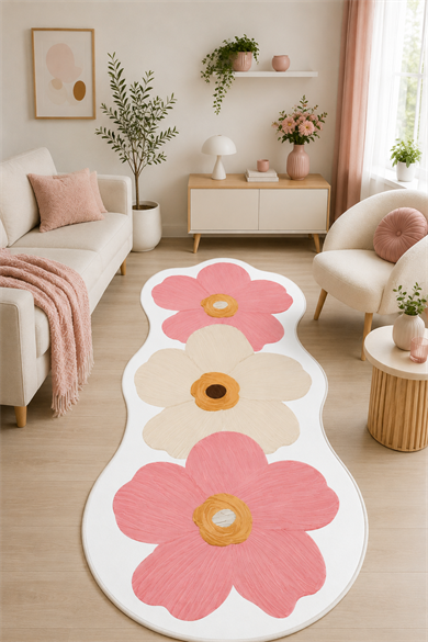 Pembe Çiçek Desenli Halı Baskılı Kaymaz Yıkanabilir Salon Oturma Odası Mutfak Halısı Yolluk