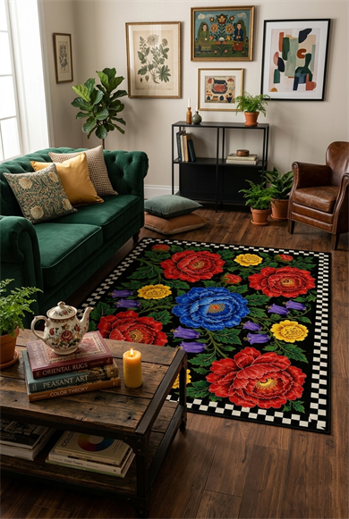 Renkli Floral Desen Siyah Baskılı Kaymaz Taban Yıkanabilir Salon Oturma Odası Antre Halısı Yolluk