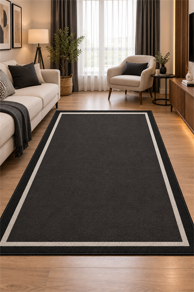 Siyah Çerçeveli Modern Baskılı Yıkanabilir Halı Salon Oturma Odası Yatak Odası Antre Halısı Yolluk Kesme Halı