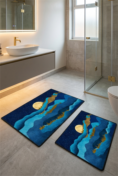 Dolunay Gece Manzaralı Yıkanabilir Kaymaz Taban 2li Banyo Paspas Seti Banyo Halısı 50x60-60x100
