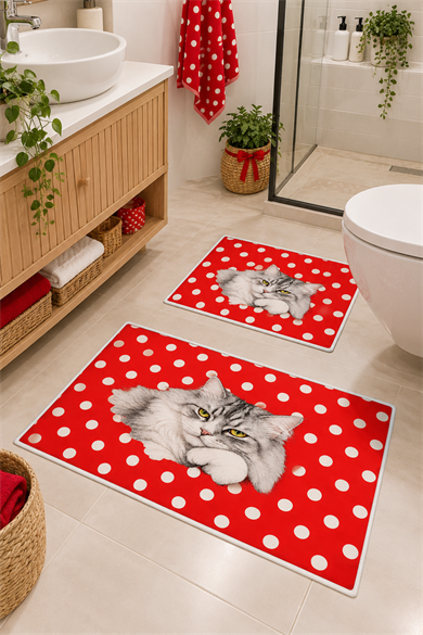 Kırmızı Beyaz Puantiyeli Kedi Desenli Yıkanabilir Kaymaz Taban 2li Banyo Paspas Seti Banyo Halısı 50x60-60x100