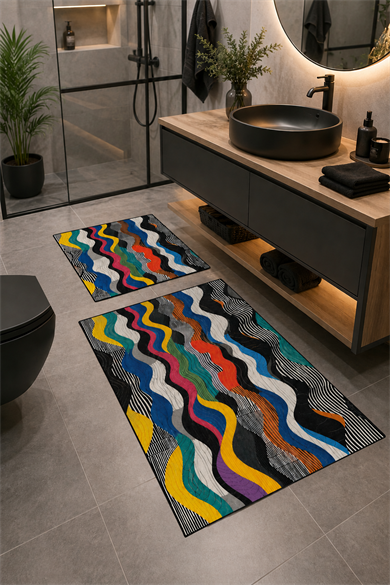 Renkli Çizgi Desenli Yıkanabilir Kaymaz Banyo Paspas Seti 50x60-60x100