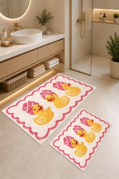 Pembe Ördek Desen Yıkanabilir Kaymaz Taban 2li Banyo Paspas Seti Banyo Halısı 50x60-60x100