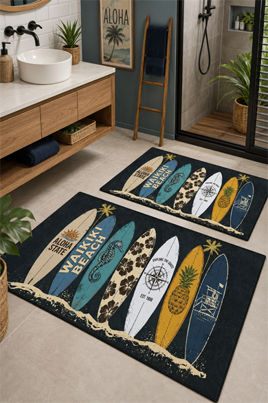 Sörf Temalı Surfboard Desenli Yıkanabilir Kaymaz Banyo Paspas Seti 50x60-60x100