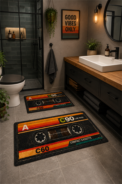 Retro Kaset Desenli Yıkanabilir Kaymaz Taban 2li Banyo Paspas Seti Banyo Halısı 50x60-60x100
