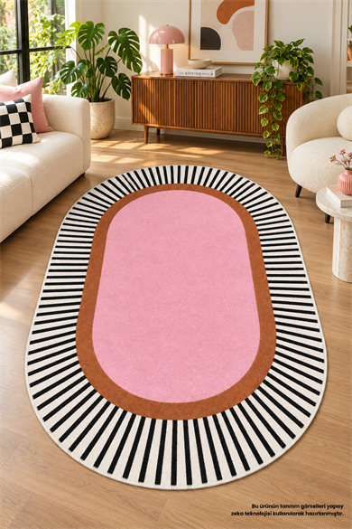 Modern Siyah Beyaz Çizgili Pembe Dekoratif Oval Halı Yıkanabilir Kaymaz Taban Baskılı Halı