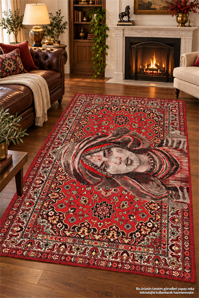 Portre Desenli Vintage Kaymaz Dokuma Taban Yıkanabilir Salon - Oturma Odası Halısı Yolluk