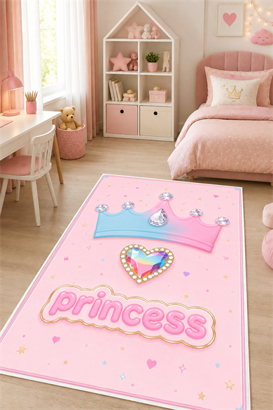 Taç Desen Princess Yazılı Pembe Baskılı Yıkanabilir Kaymaz Taban Kız Çocuk Halısı
