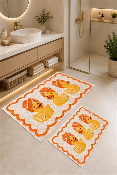 Turuncu Ördek Desen Yıkanabilir Kaymaz Taban 2li Banyo Paspas Seti Banyo Halısı 50x60-60x100
