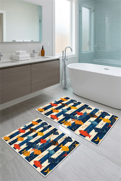 Renkli Balık Desen Yıkanabilir Kaymaz Taban 2li Banyo Paspas Seti Banyo Halısı 50x60-60x100