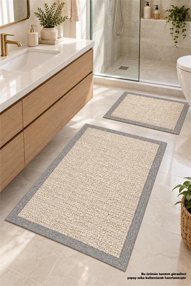 Sisal Görünümlü Çerçeve Baskılı Yıkanabilir Kaymaz Taban 2li Banyo Paspas Seti Banyo Halısı 50x60-60x100