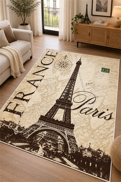 Paris Eyfel Kulesi Desen Baskılı Kaymaz Yıkanabilir Salon Oturma Odası Genç Odası Halısı Yolluk
