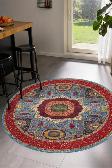 Renkli Kilim Desen Yuvarlak Dokuma Taban Salon Oturma Odası Antre Halısı