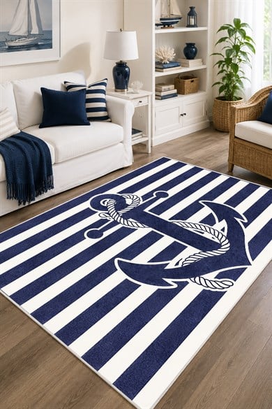 Marine Temalı Çapa Desenli Baskılı Kaymaz Yıkanabilir Balkon Salon Oturma Odası Halısı Yolluk