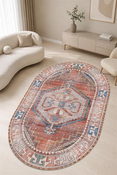 Jivna Vintage Desen Oval Kaymaz Taban Yıkanabilir Salon Oturma Odası Antre Halısı