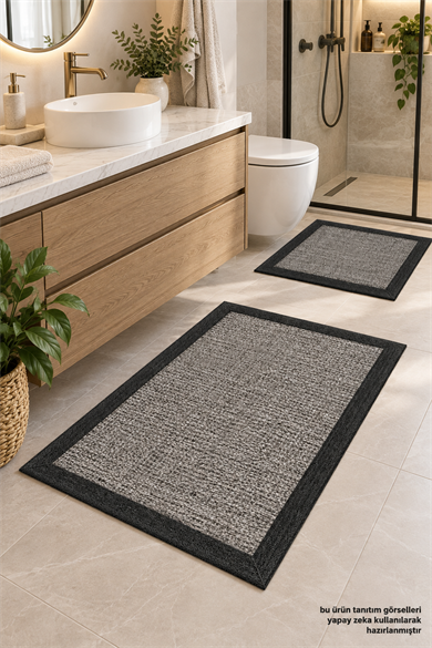 Sisal Dokulu Dekoratif Gri Baskılı Yıkanabilir Kaymaz Taban 2li Banyo Paspas Seti Banyo Halısı 50x60-60x100
