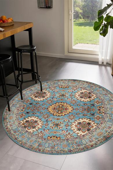Mavi Kilim Desen Yuvarlak Dokuma Taban Salon Oturma Odası Antre Halısı