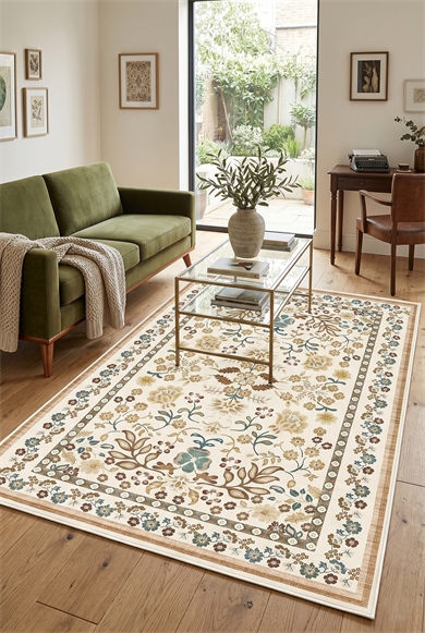 Floral Desen Baskılı Kaymaz Taban Yıkanabilir Salon Oturma Odası Antre Halısı Yolluk