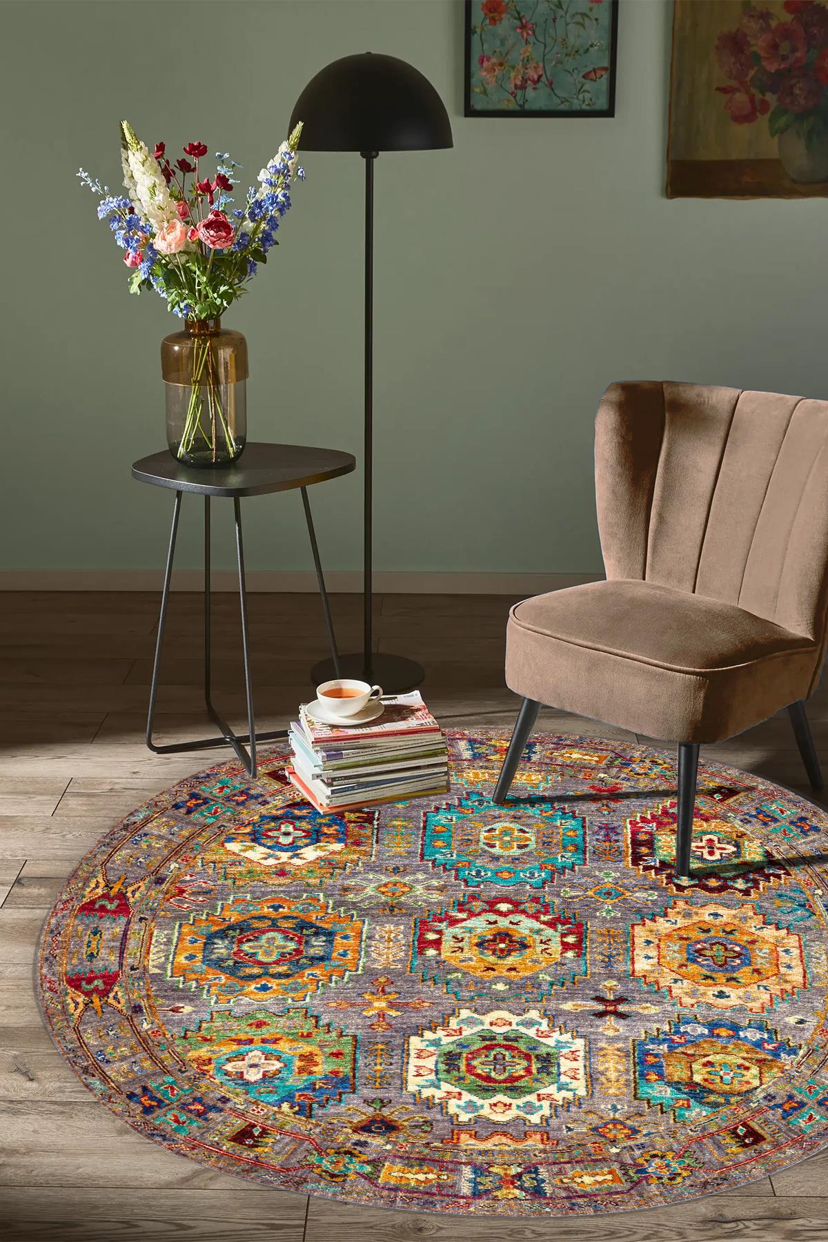 Blinter Afgan Desen Yuvarlak Dokuma Taban Salon Oturma Odası Antre Halısı