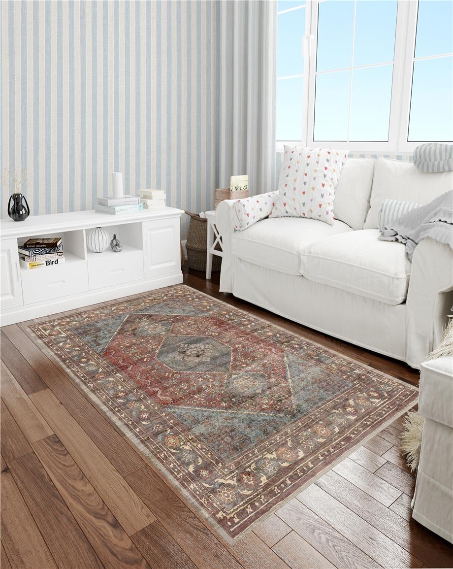 Eskitme Desen Dokuma Taban Yıkanabilir Halı Salon Oturma Odası Hol Antre Halısı Yolluk