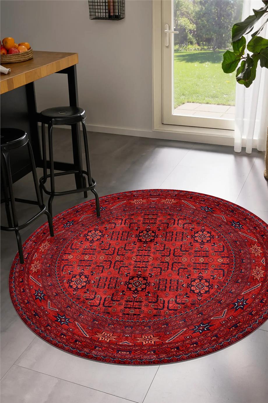 Bordo Afgan Desen Yuvarlak Dokuma Taban Salon Oturma Odası Antre Halısı
