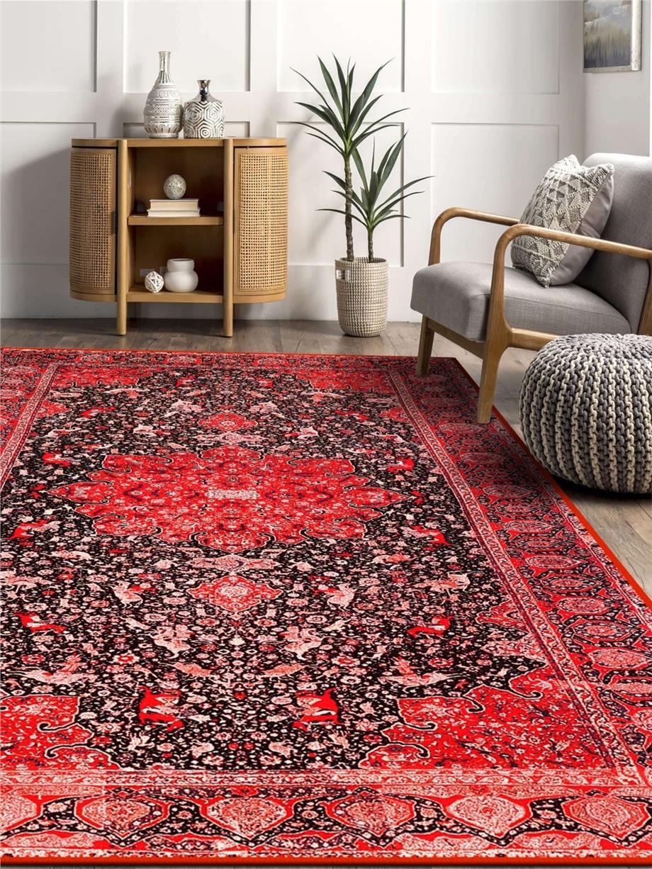 Klasik Kilim Desenli Kırmızı Yıkanabilir Salon - Oturma Odası Halısı Yolluk Halı