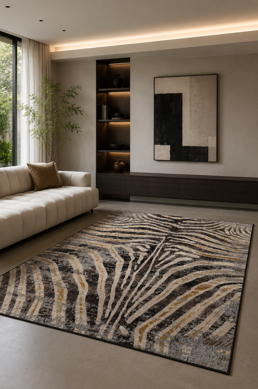 Zebra Desenli Baskılı Kaymaz Taban Yıkanabilir Salon Oturma Odası Halısı Yolluk