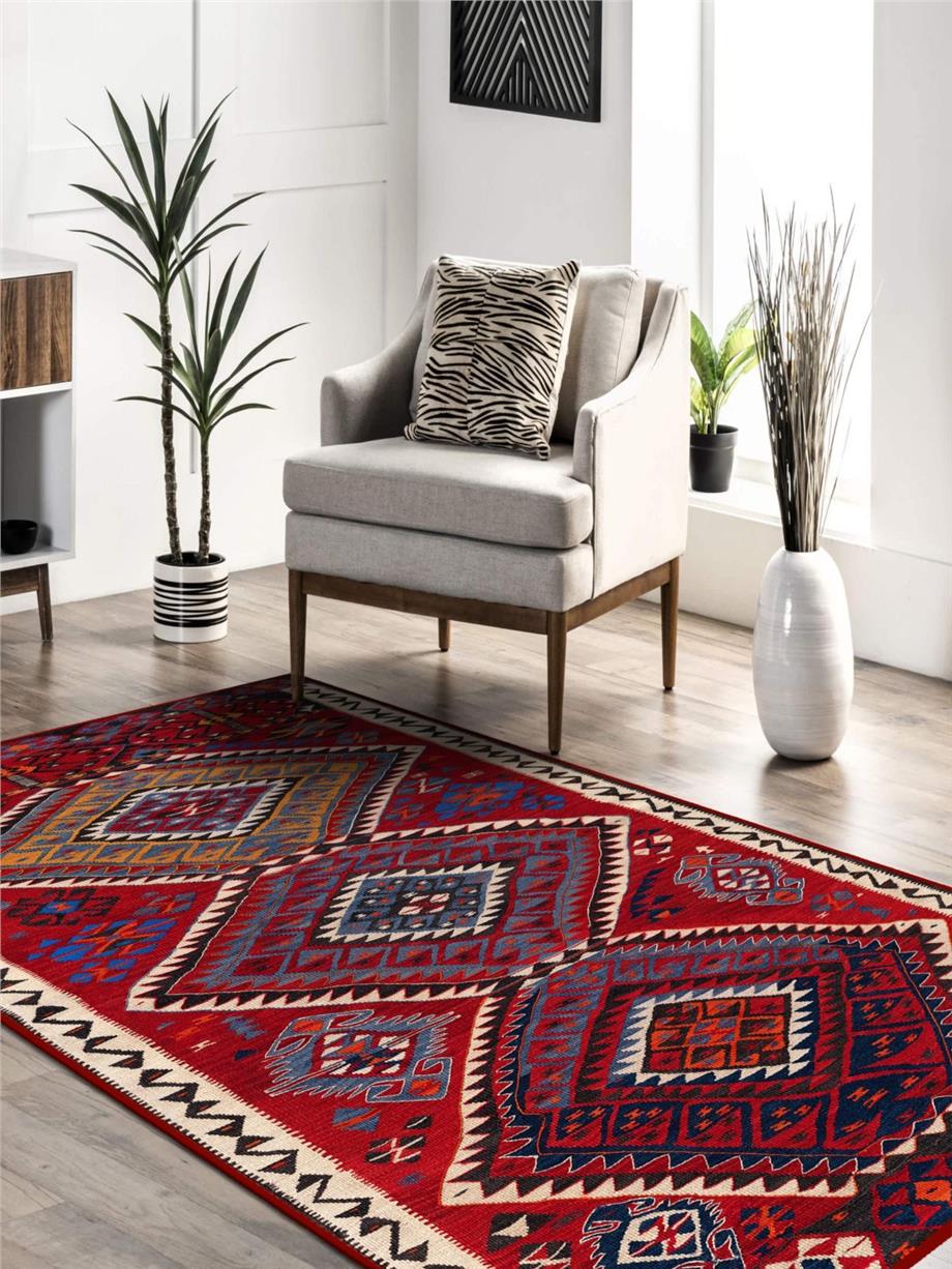 Anadolu Motifli Kilim Desenli Yıkanabilir Salon - Oturma Odası Halısı Yolluk Halı