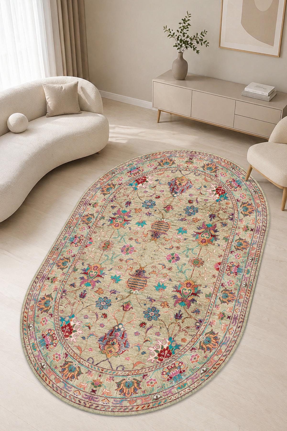 Valud Vintage Desen Oval Dokuma Taban Salon Oturma Odası Mutfak Antre Halısı
