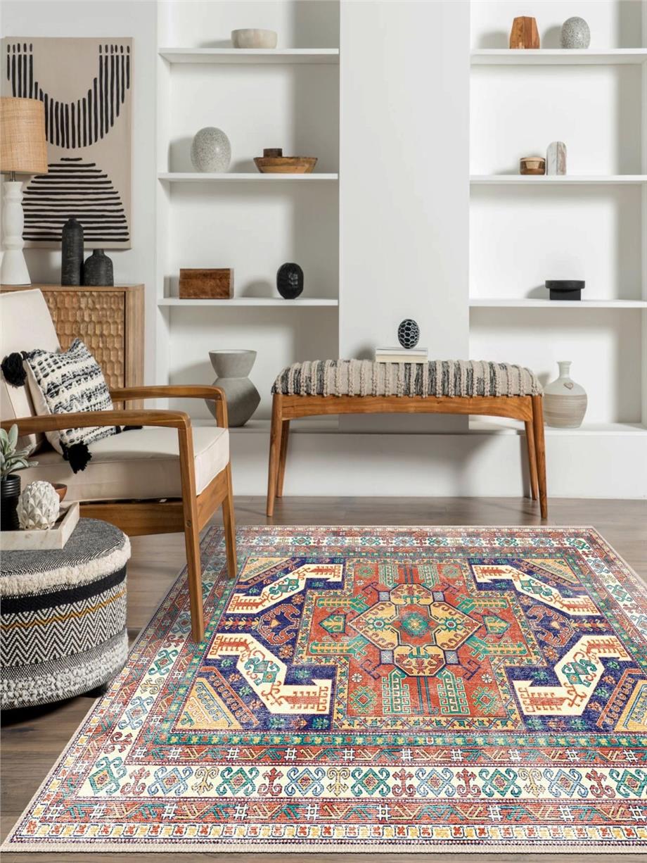 Çok Renkli Geometrik Motifli Yıkanabilir Salon - Oturma Odası Halısı Yolluk Halı