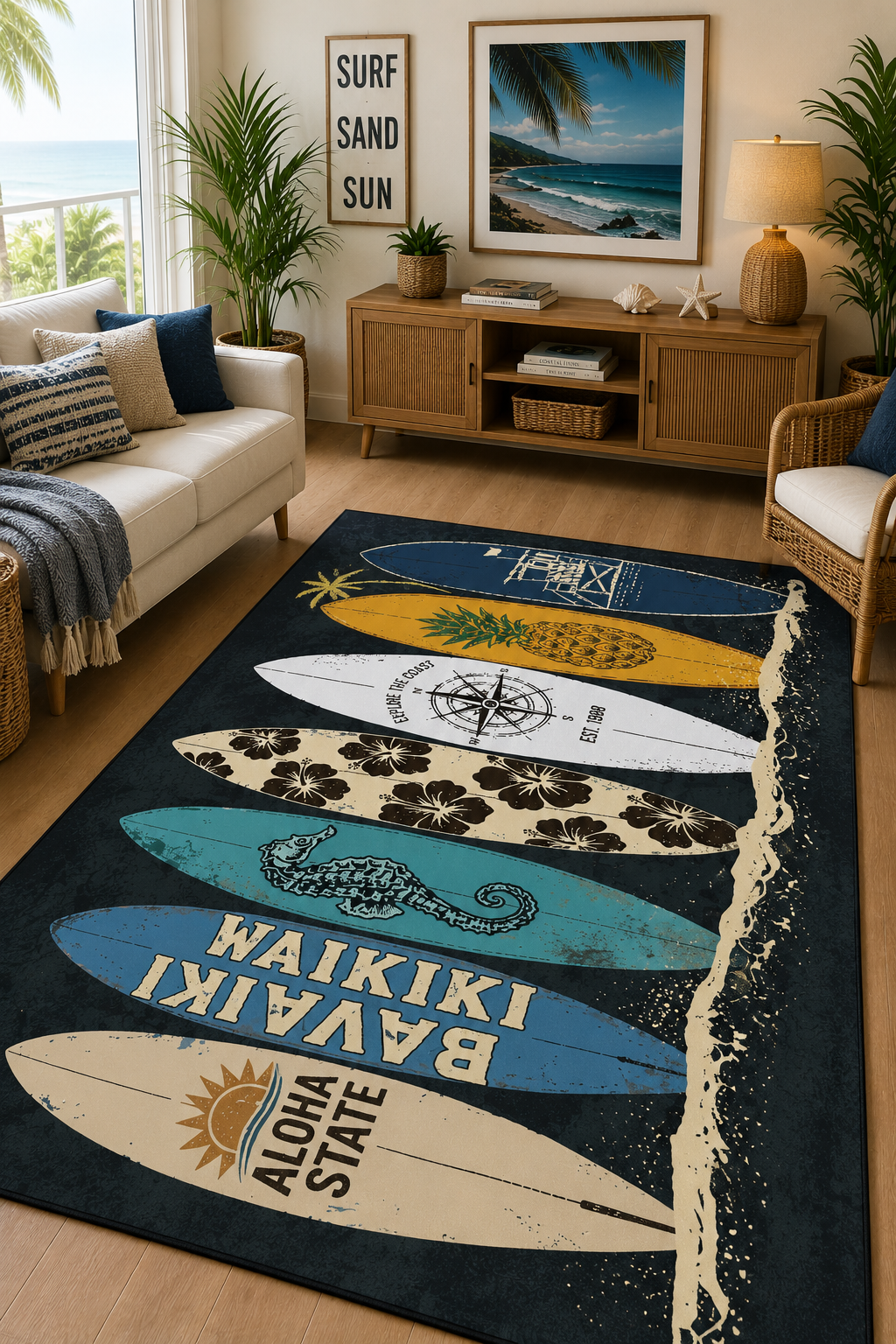 Sörf Temalı Surfboard Desenli Baskılı Kaymaz Yıkanabilir Mutfak Balkon Salon Genç Odası Halısı Yolluk