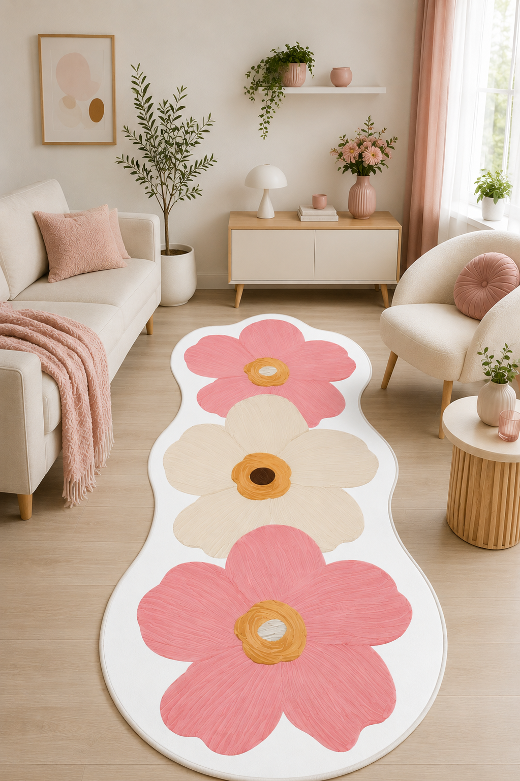 Pembe Çiçek Desenli Halı Baskılı Kaymaz Yıkanabilir Salon Oturma Odası Mutfak Halısı Yolluk