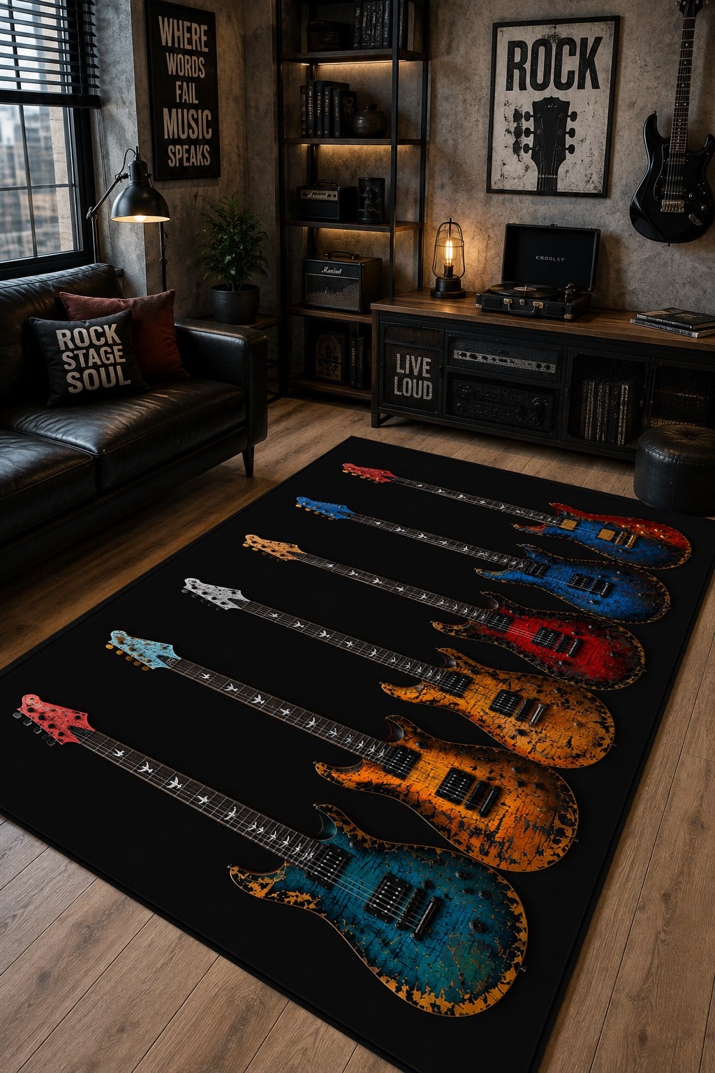 Vintage Elektro Gitar Desenli Baskılı Kaymaz Yıkanabilir Balkon Salon Genç Odası Halısı Yolluk
