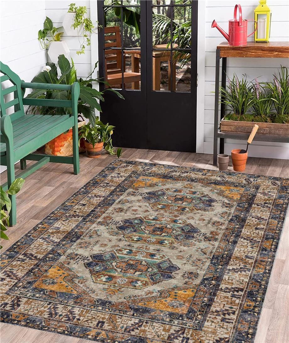 Arbon Vintage Eskitme Desen Dokuma Taban Yıkanabilir Halı Salon Oturma Odası Hol Antre Halısı Yolluk