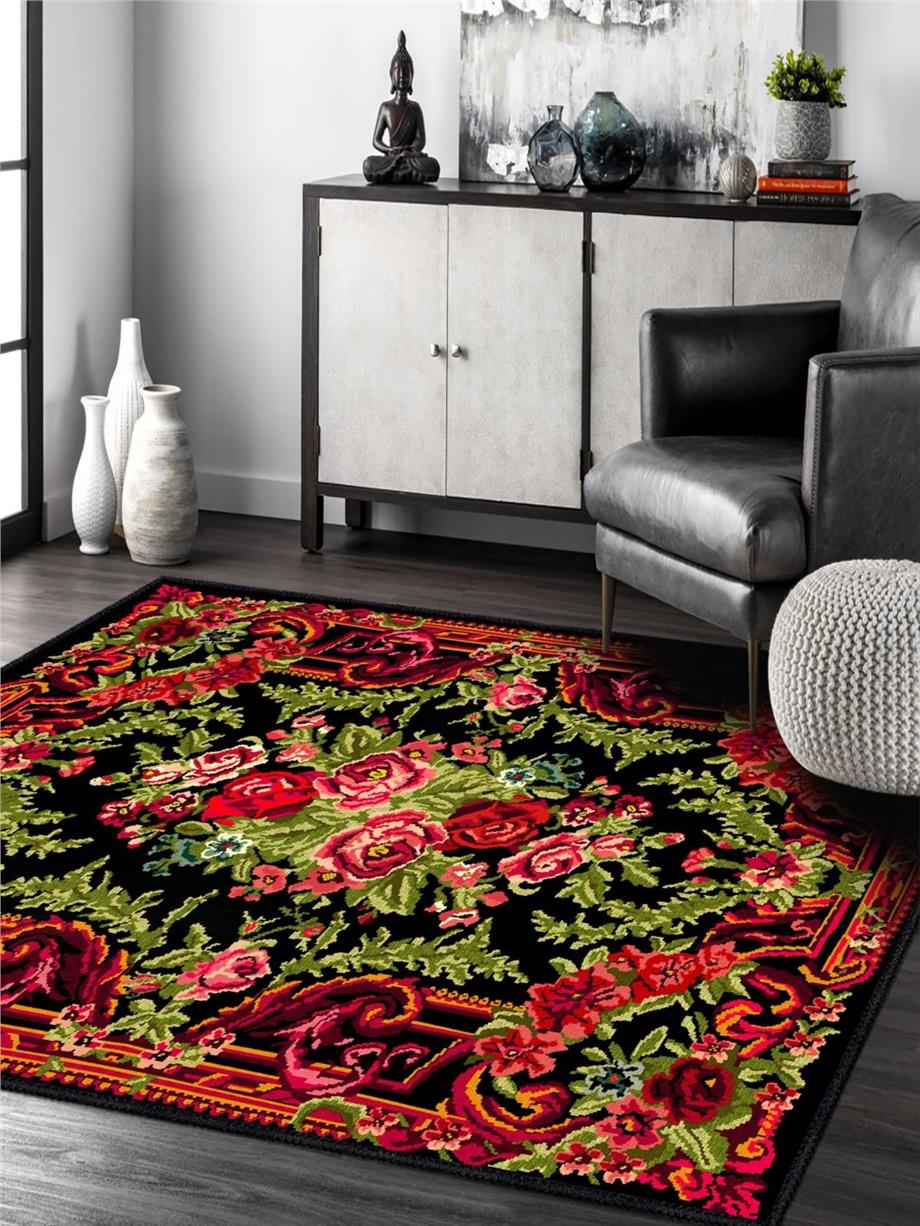 Karabağ Desenli Kırmızı Yıkanabilir Salon - Oturma Odası Halısı Yolluk Halı