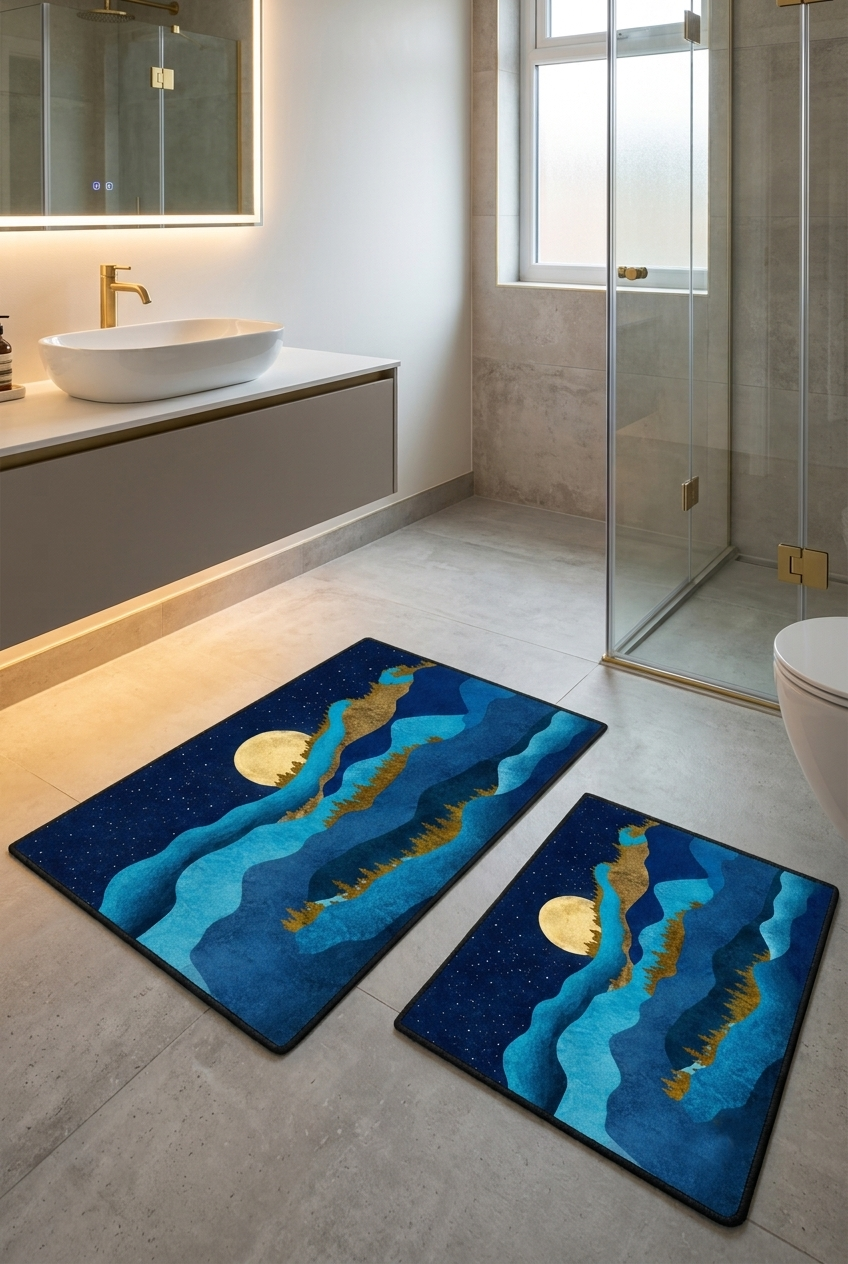 Dolunay Gece Manzaralı Yıkanabilir Kaymaz Taban 2li Banyo Paspas Seti Banyo Halısı 50x60-60x100