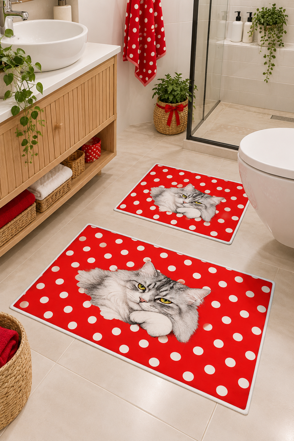Kırmızı Beyaz Puantiyeli Kedi Desenli Yıkanabilir Kaymaz Taban 2li Banyo Paspas Seti Banyo Halısı 50x60-60x100