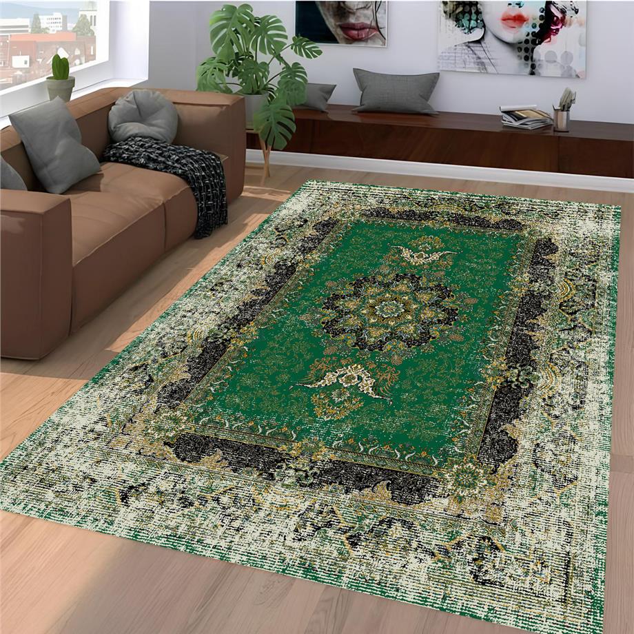 Yeşil Eskitme Vintage Desen Dokuma Taban Yıkanabilir Halı Salon Oturma Odası Hol Antre Halısı Yolluk