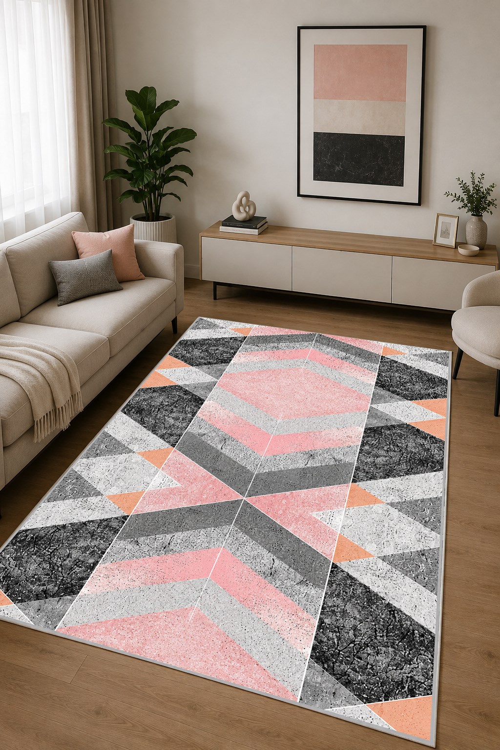 Modern Geometrik Desenli Baskılı Kaymaz Yıkanabilir Balkon Salon Oturma Odası Teras Halısı Yolluk