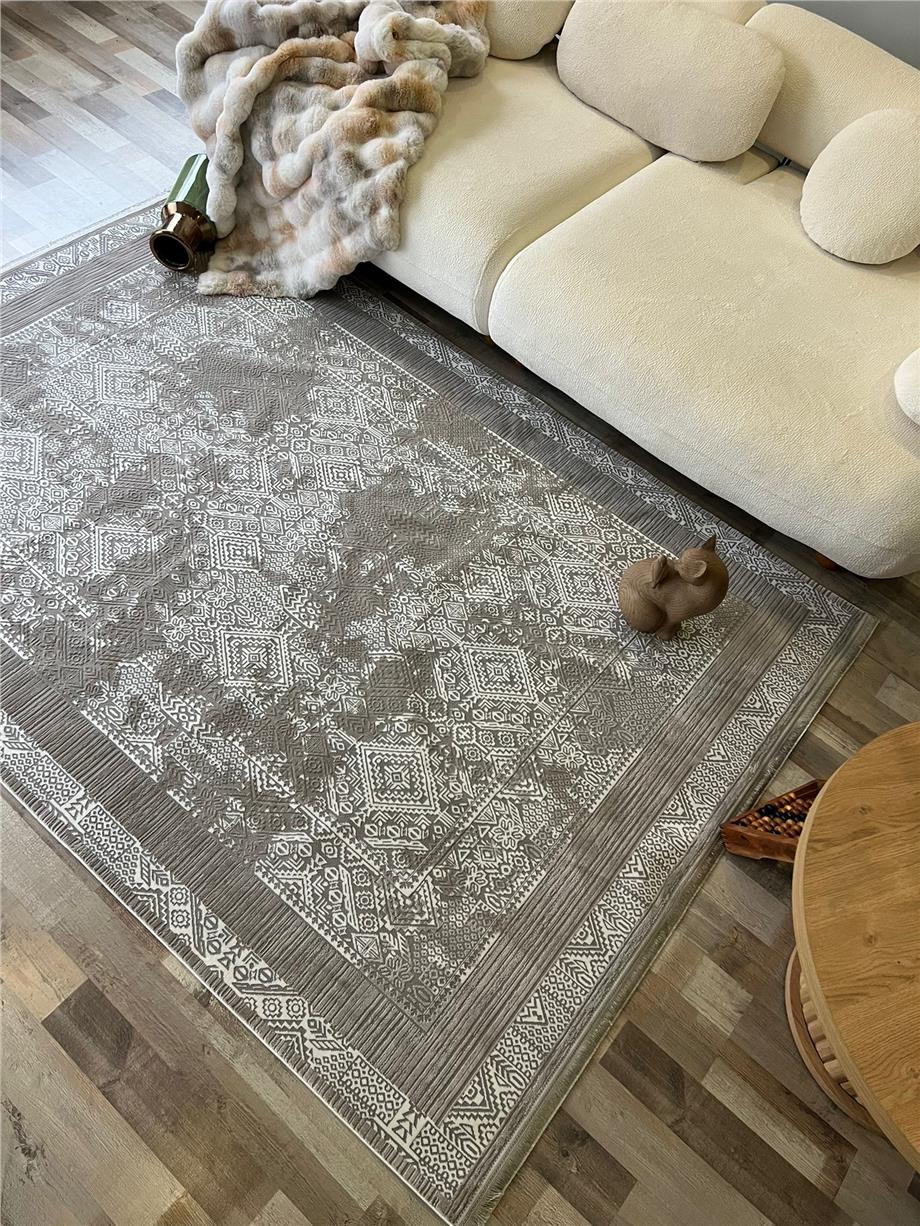 Gri Saten Bambu Modern Salon Halısı Kesme Yolluk Halı Yumuşak Doku Kaymaz Tozumaz Dokuma Makine Halısı SEFİR 103