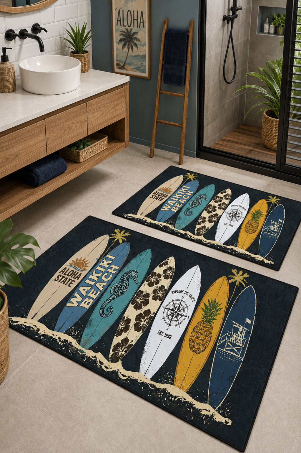 Sörf Temalı Surfboard Desenli Yıkanabilir Kaymaz Banyo Paspas Seti 50x60-60x100